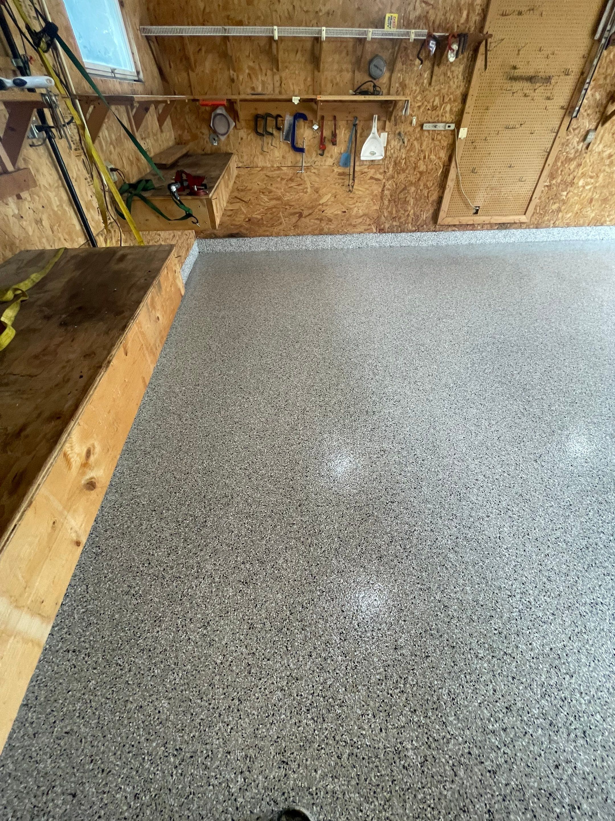 Speckled Epoxy Flake Concrete Coating for Worthington Garage Floor by Select Painting, Coatings & Garage Cabinets