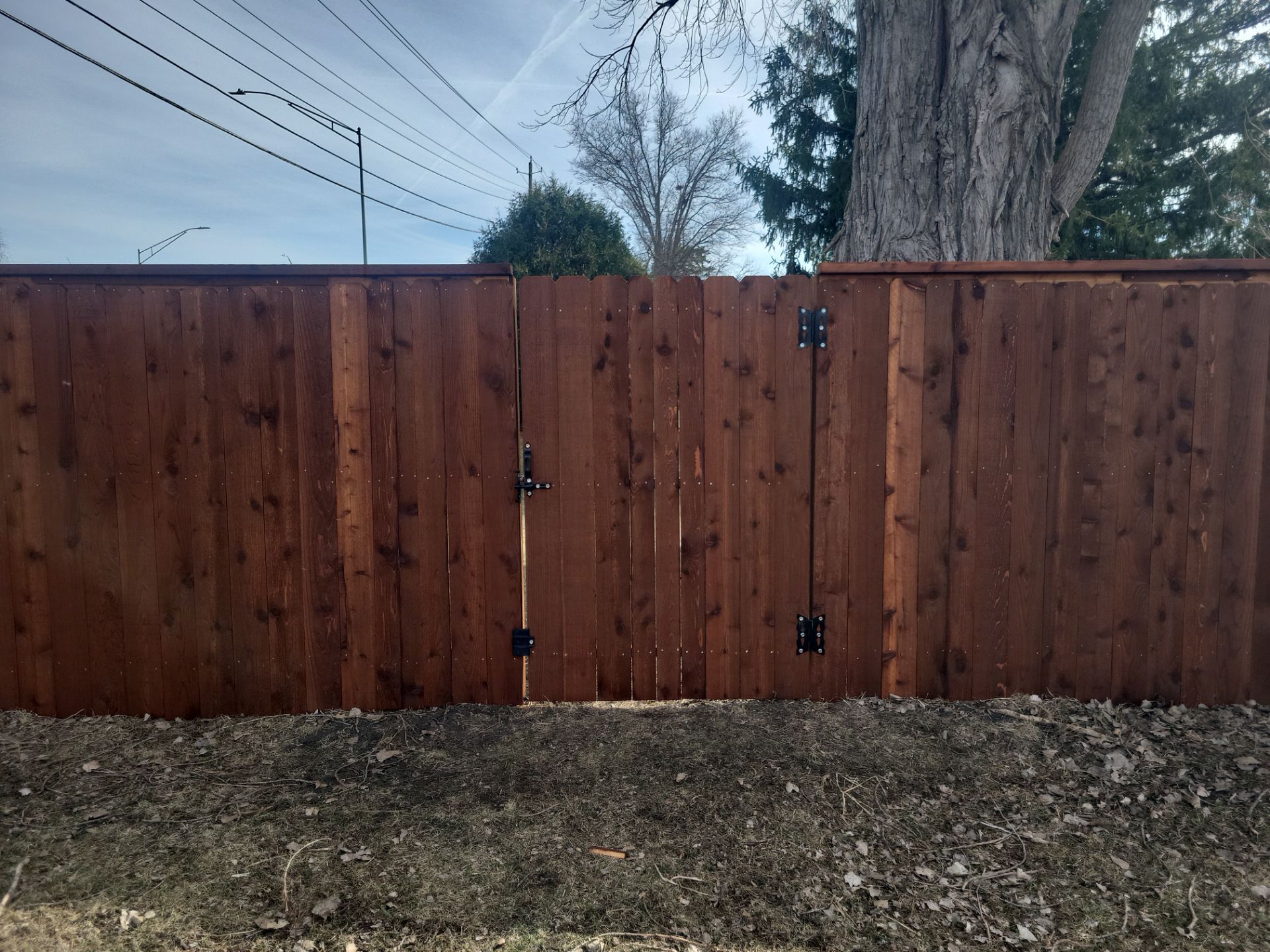 Custom Cedar Wood Privacy Fence with Double Gates and Integrated Planter Mailbox by Perfect Picket Fence and Stain