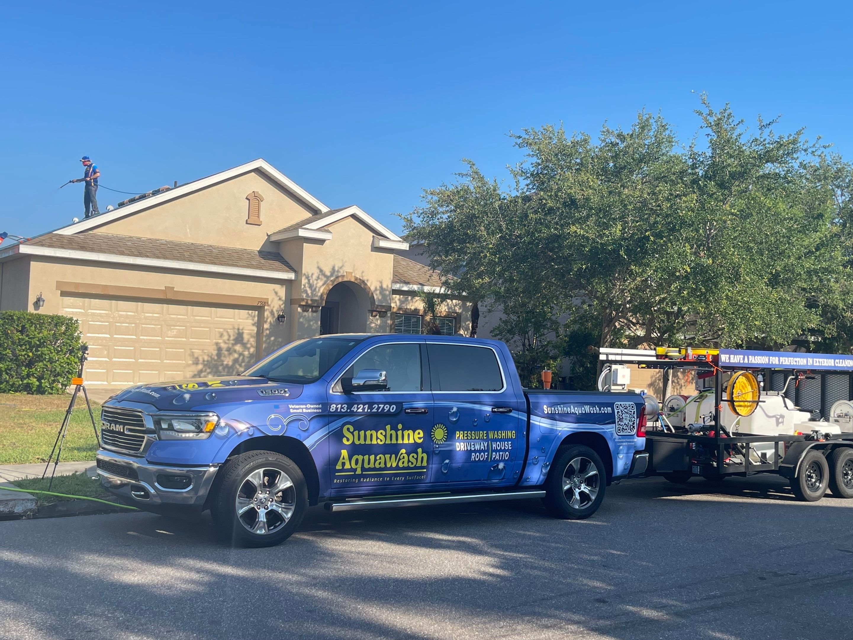 Asphalt Shingle Roof Soft Wash Cleaning & Concrete Pressure Washing in CopperStone Community, Parrish, FL by Sunshine AquaWash