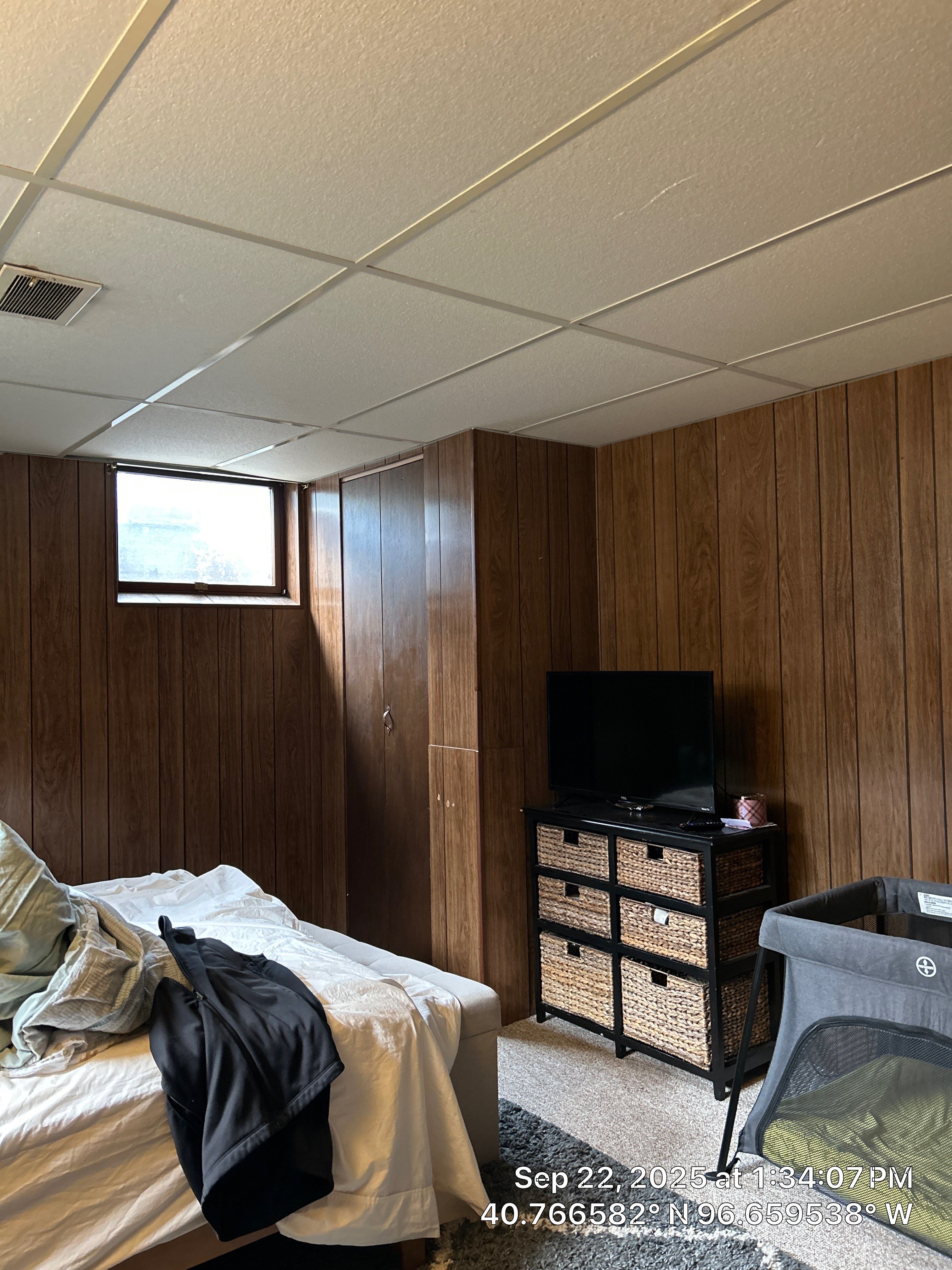 Basement Bedroom Interior Assessment and Ceiling Repair in Lincoln by CompanyCam Sales Demo