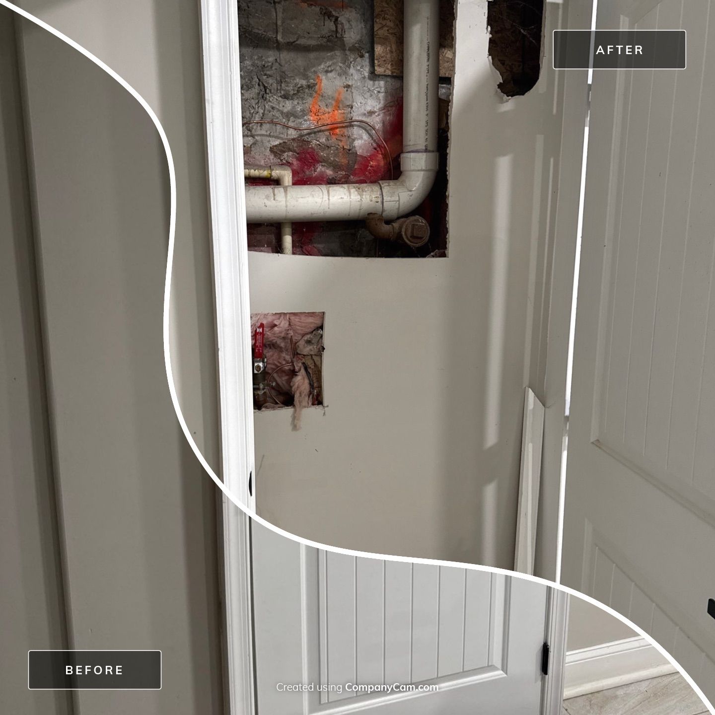 Bathroom Pipe Burst using Provia entry door by Hansen Projects