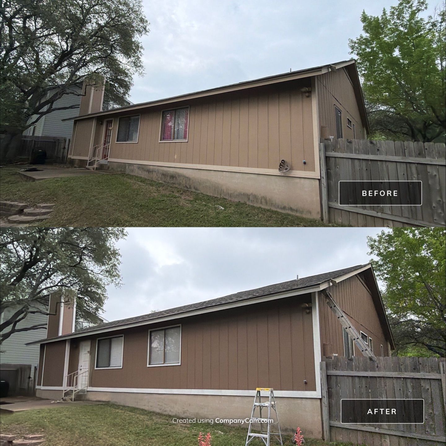 Before and after photo of a back exterior elevation with chimney repainted by Hill Country Painting in Austin, TX