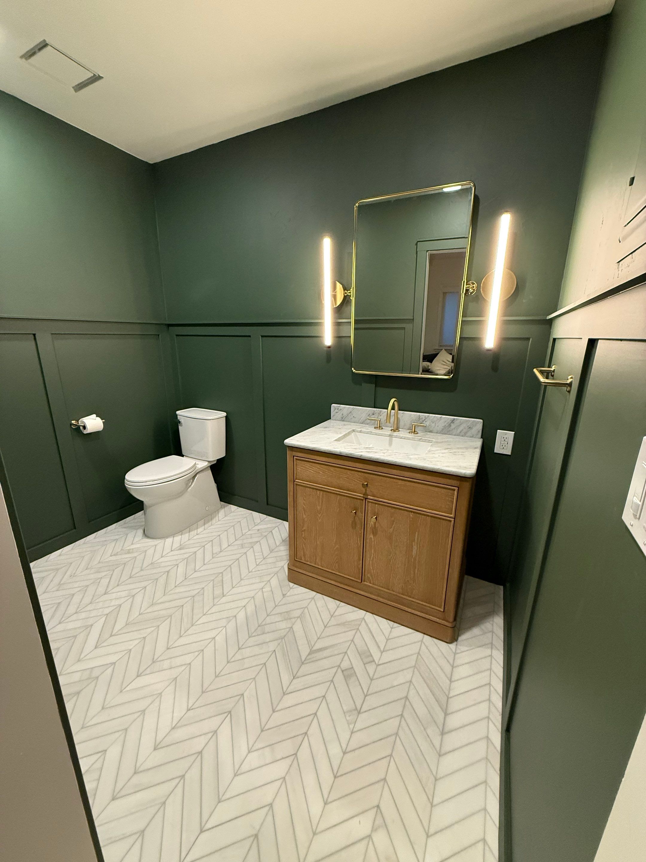 Modern Kitchen and Bathroom Transformation With Herringbone Tile in Lafayette by Hexagon Construction 