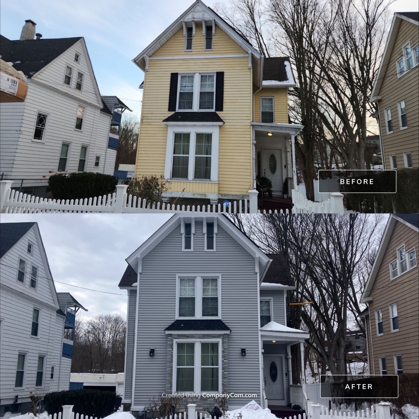 Siding & Stone Transformation with Cert. Monogram D/4 x 12'6" clapboard, Sterling Gray & Stone Facade, Glacier Bay by DiGiorgi Roofing and Siding Inc