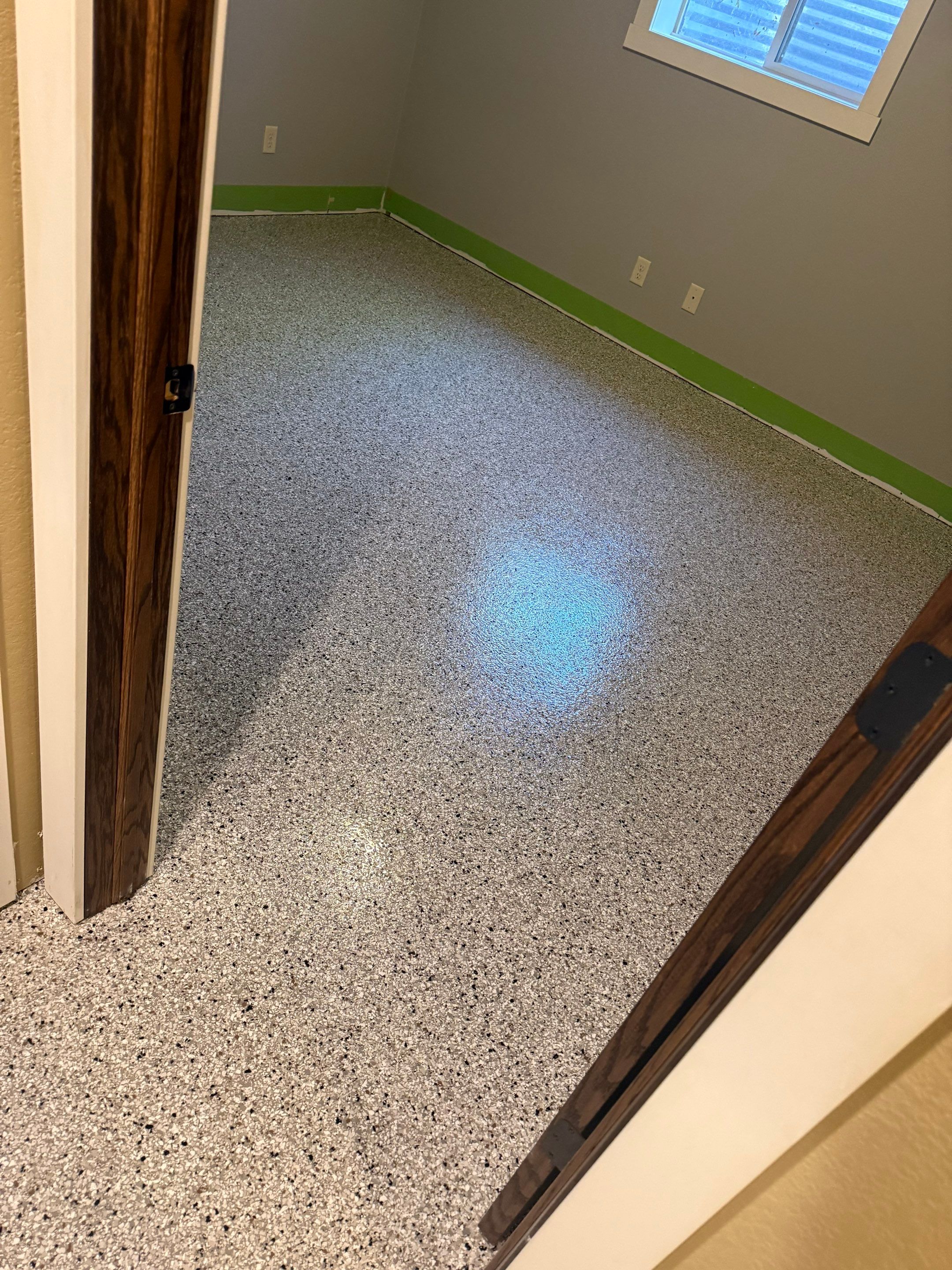 Decorative Flake Concrete Floor Coating for Larchwood Basement by Select Painting, Coatings & Garage Cabinets