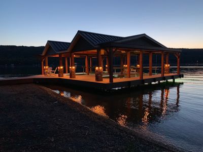 Custom Timber-Framed Boat Dock with Multi-Color LED Lighting on Keuka Lake, New York