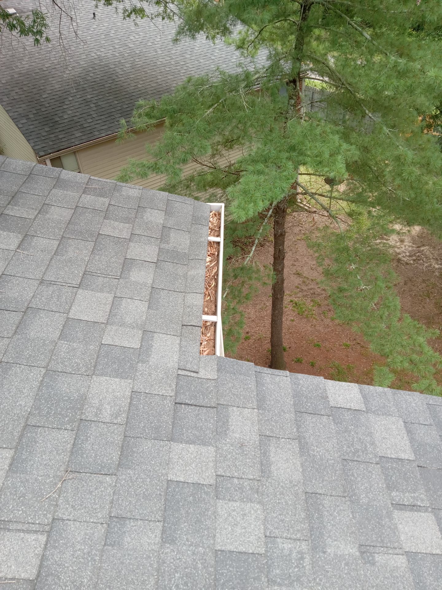 Commercial gutter cleaning Columbia, before photo with filled gutters