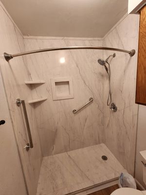 Tub to Walk-in shower, new flooring in Austin, 78745