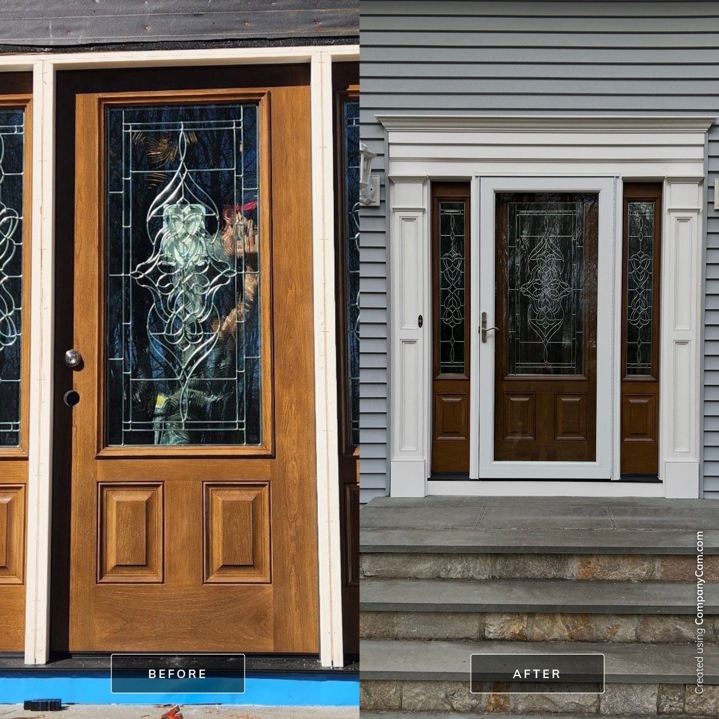 Front Entry Transformation with Decorative Glass Doors by DiGiorgi Roofing and Siding Inc