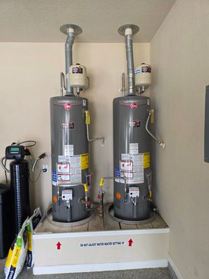 Dual Rheem Gas Water Heater and Water Softener Integration Installation in Schertz