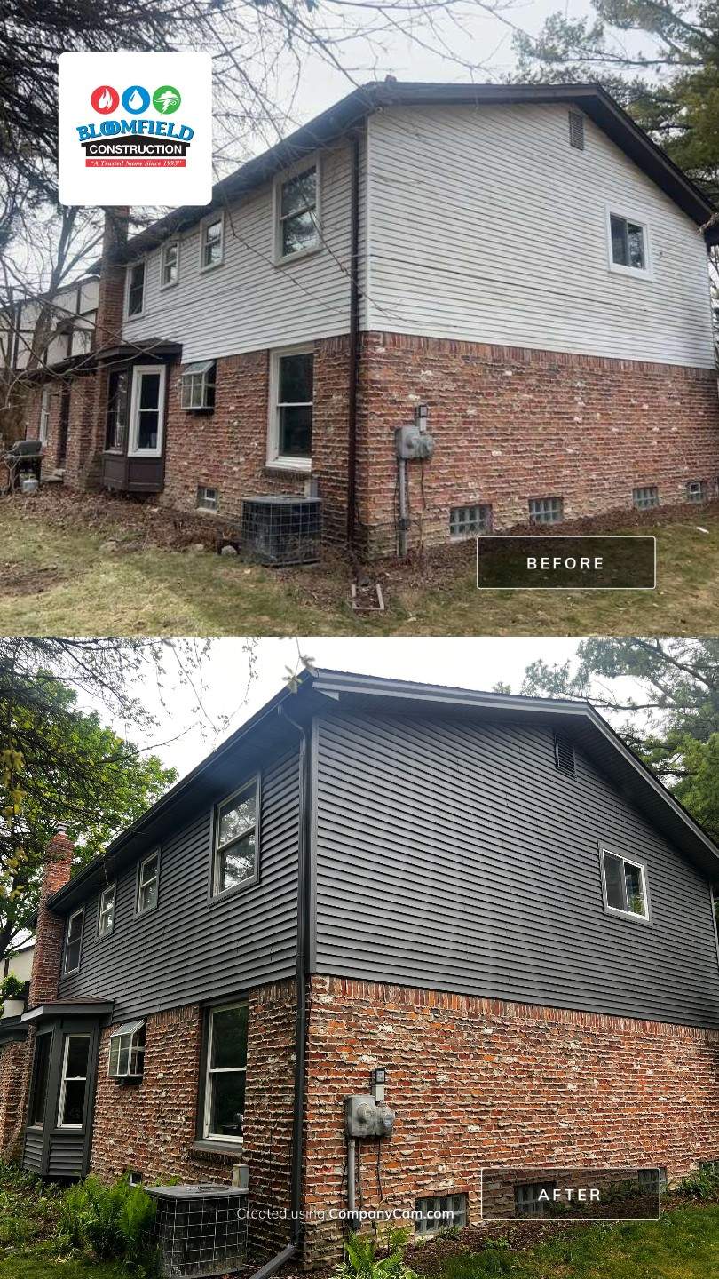 Siding Replacement  using Certainteed Monogram Vinyl D4" Smoky Gray color by Bloomfield Construction & Restoration