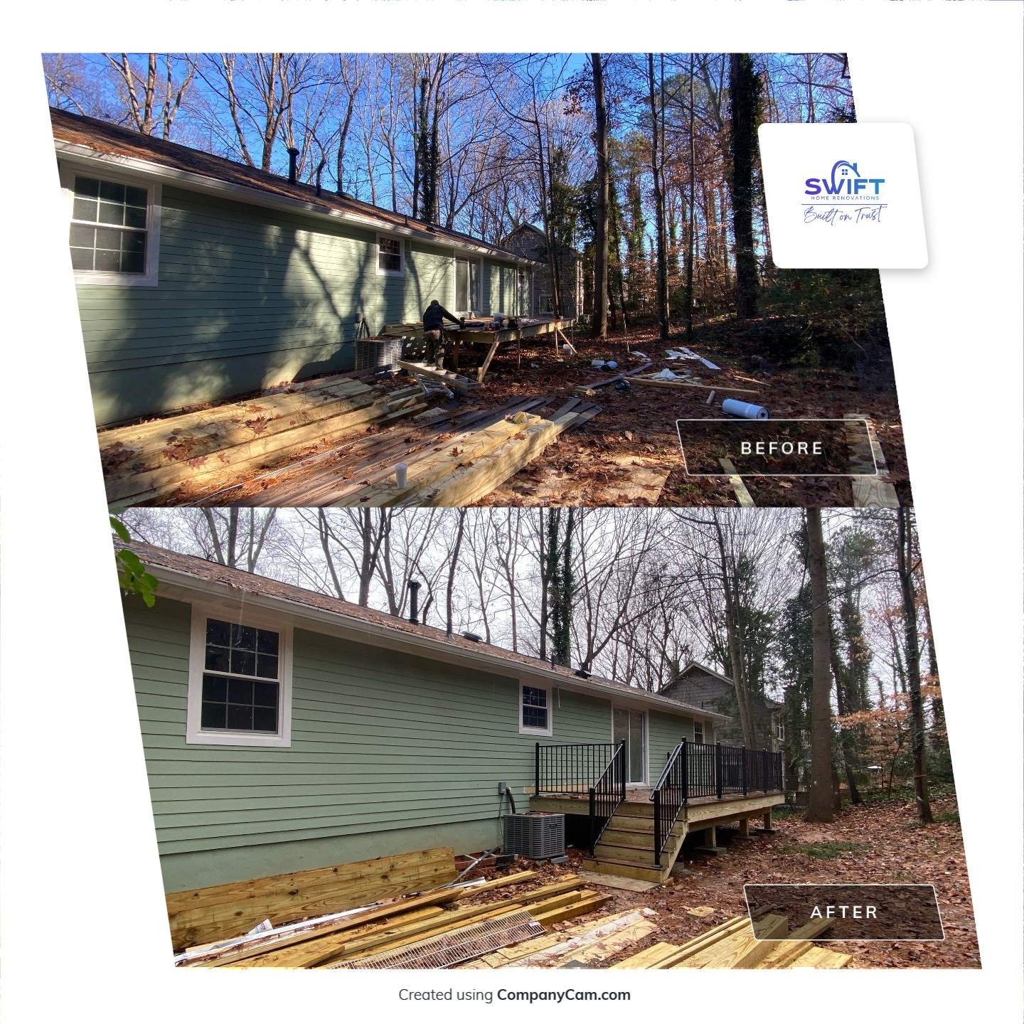 Elevated Wood Deck Construction With Black Metal Railings In Atlanta by Swift Home Renovations