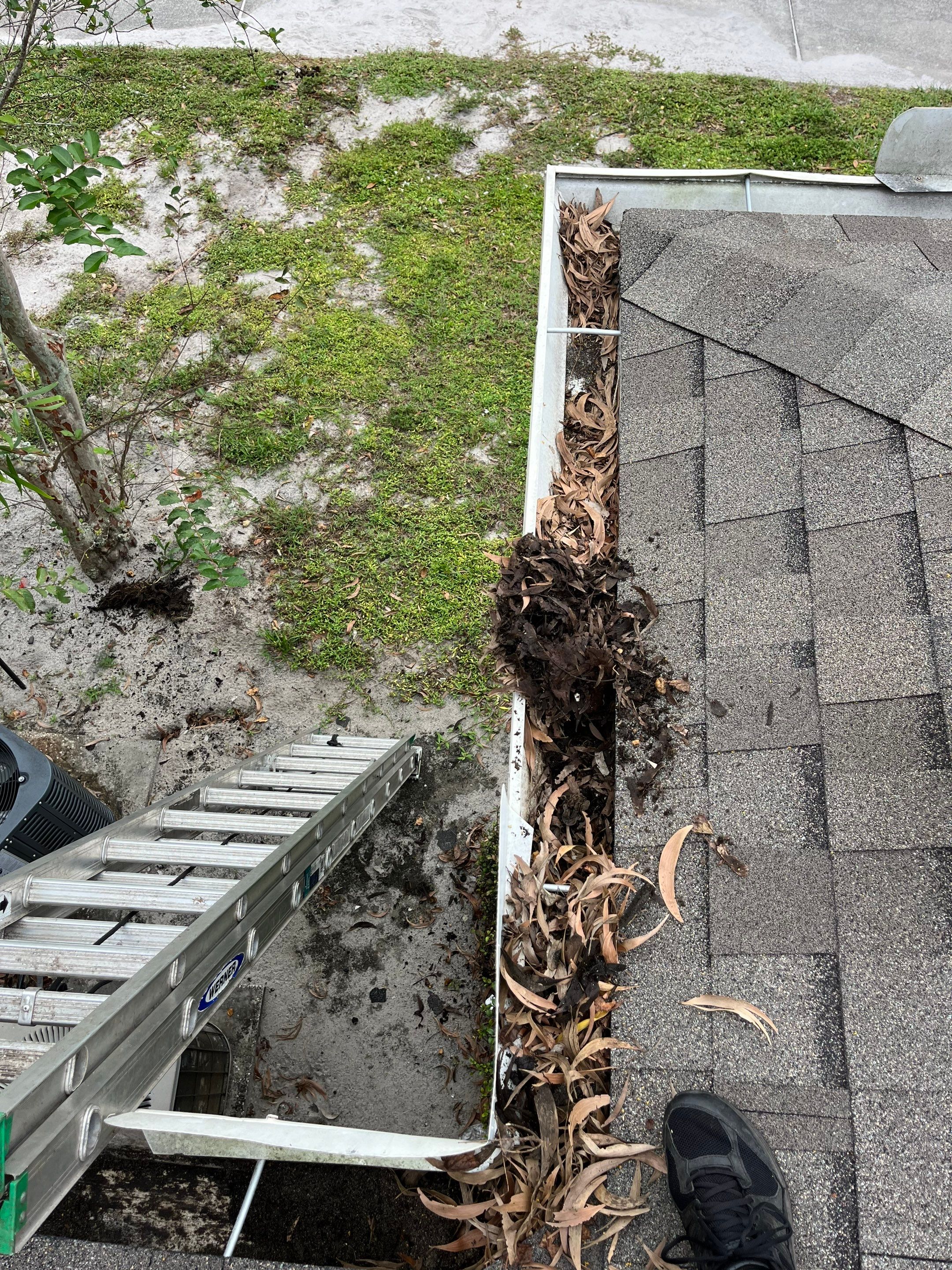 Commercial gutter cleaning Port St. Lucie before photo with filled gutters