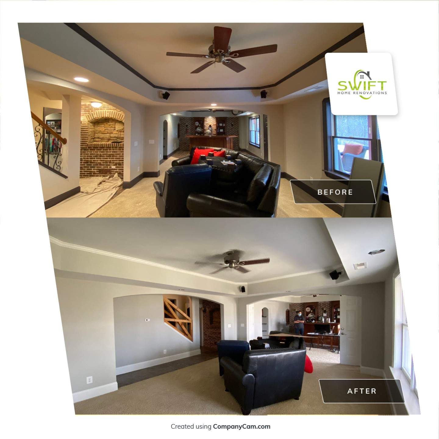 Finished Basement Renovation with Custom Shiplap and Modernized Wood Railings by Swift Home Renovations 