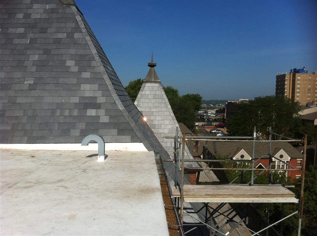Historic Building ROOF REPLACEMNT with GAF TruSlate  on steep slop and Versico 60mil TPO on flat roof by Gorilla Exteriors Contracting, LLC
