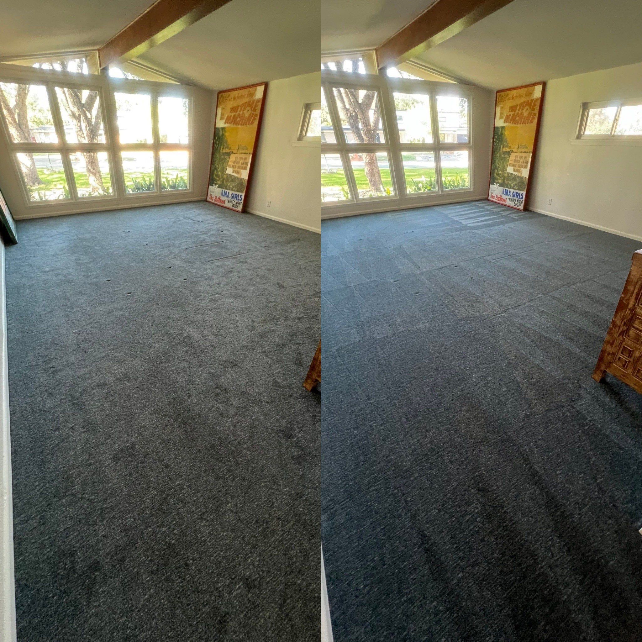 carpet cleaning service is being performed to rejuvenate and refresh the appearance of the flooring in the room