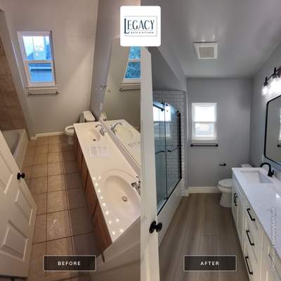 Stone Oak Bathroom Refresh with Modern Subway Tile Before and After