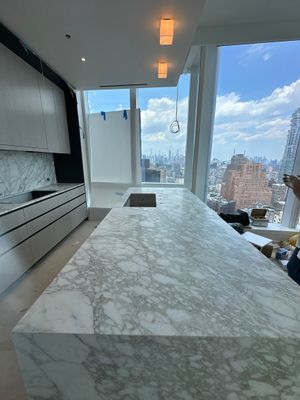 Kitchen Countertop with backsplash and Island top with mitered waterfalls 