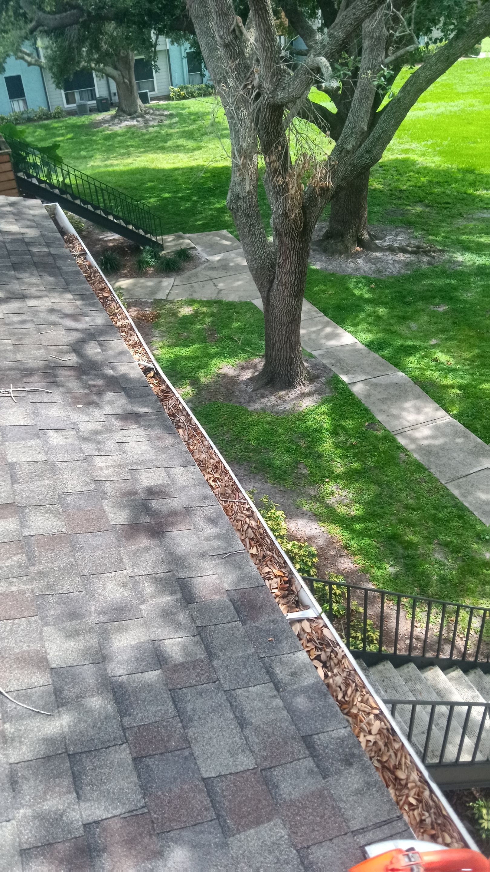 Commercial gutter cleaning Lakeland, before photo with filled gutters