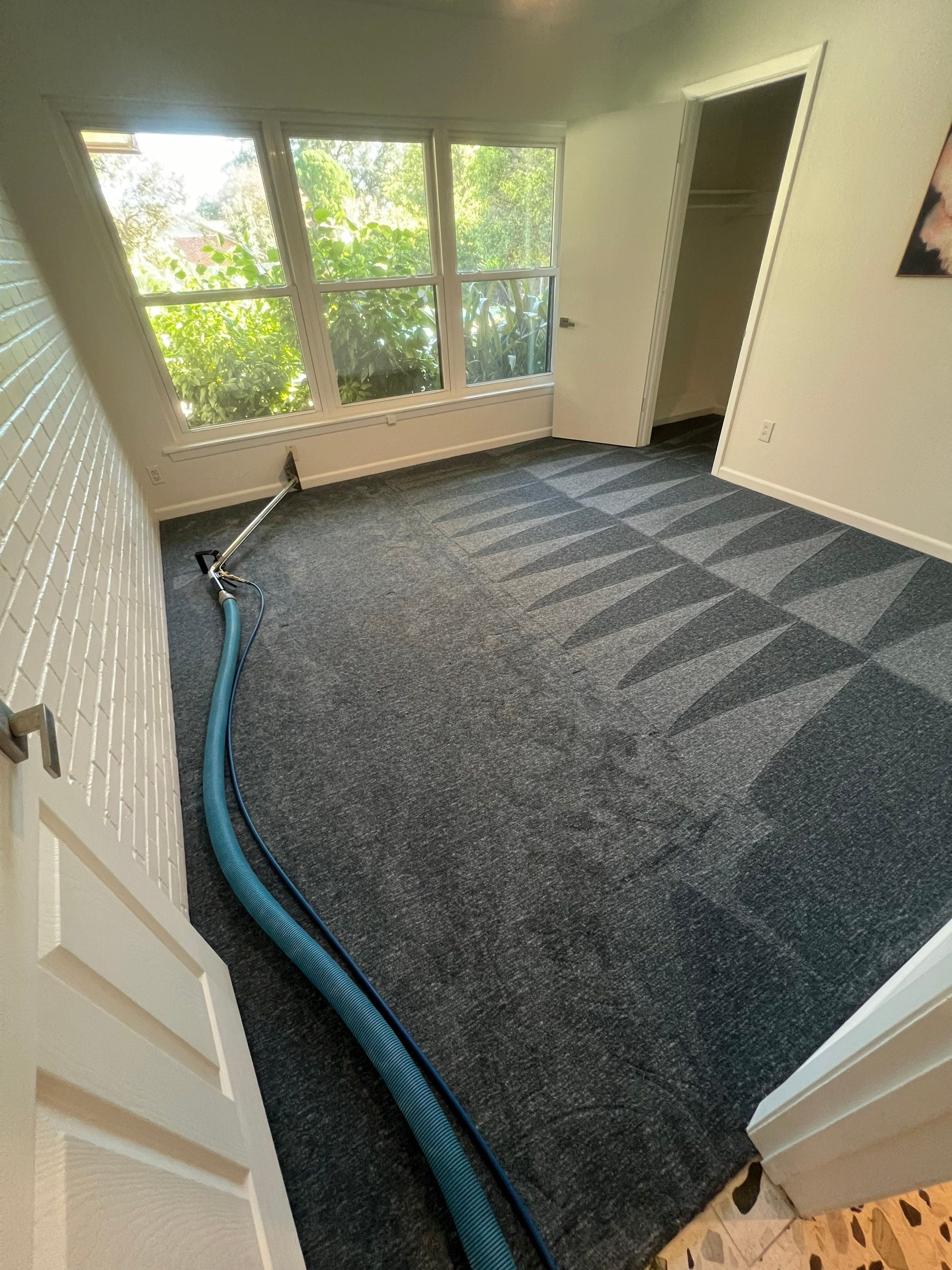 the service being done is carpet cleaning with equipment set up to remove dirt and stains from the carpet fibers