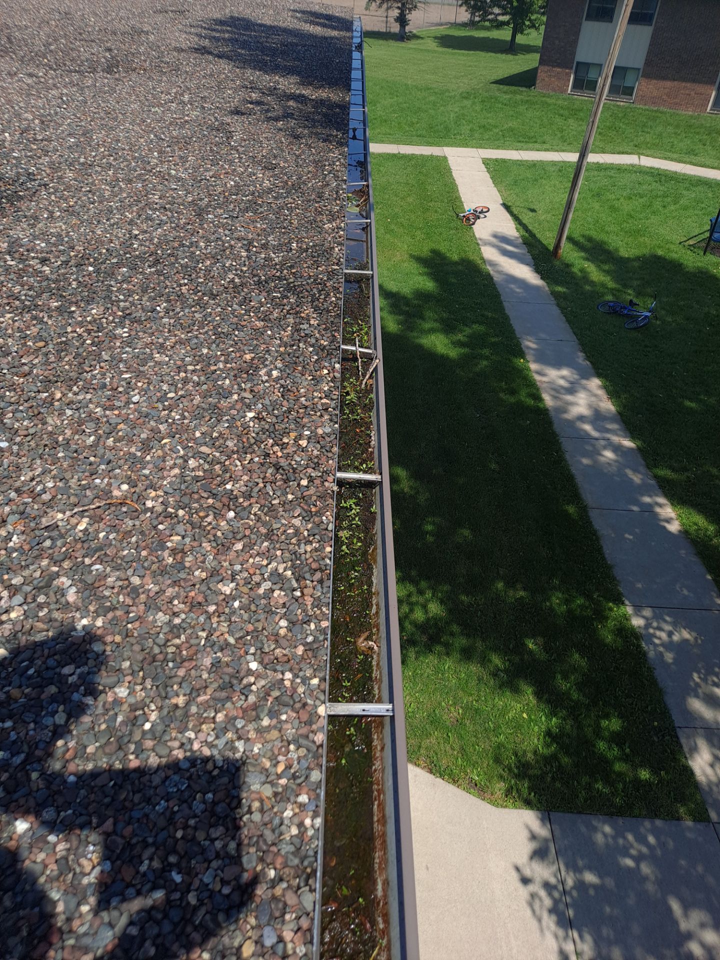 Commercial gutter cleaning St. Cloud, MN before photo with filled gutters