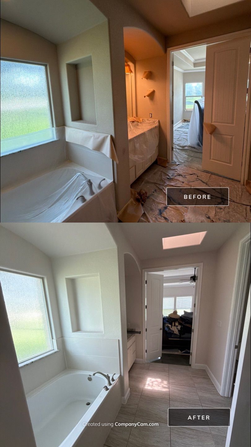 Before and after photo of a master bathroom repainted by Hill Country Painting in Driftwood, TX