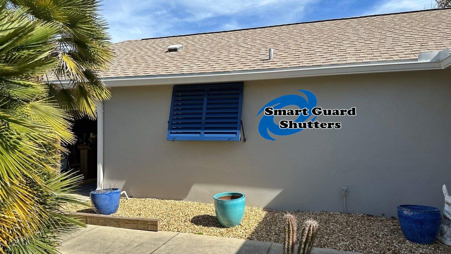 Hurricane Rated Bahama Shutters in Violet Blue / Motorized Bug Screen by Smart Guard Shutters