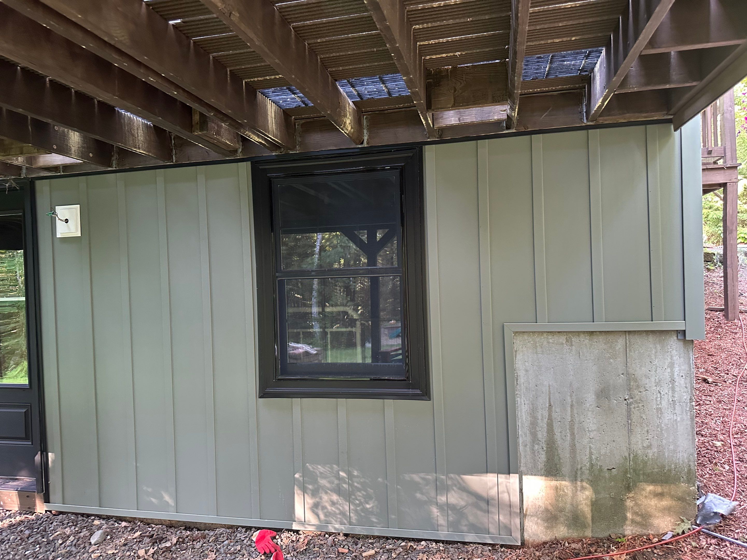 Sage Green Board and Batten Siding and Deck Upgrade in Standish by Tall pine roofing
