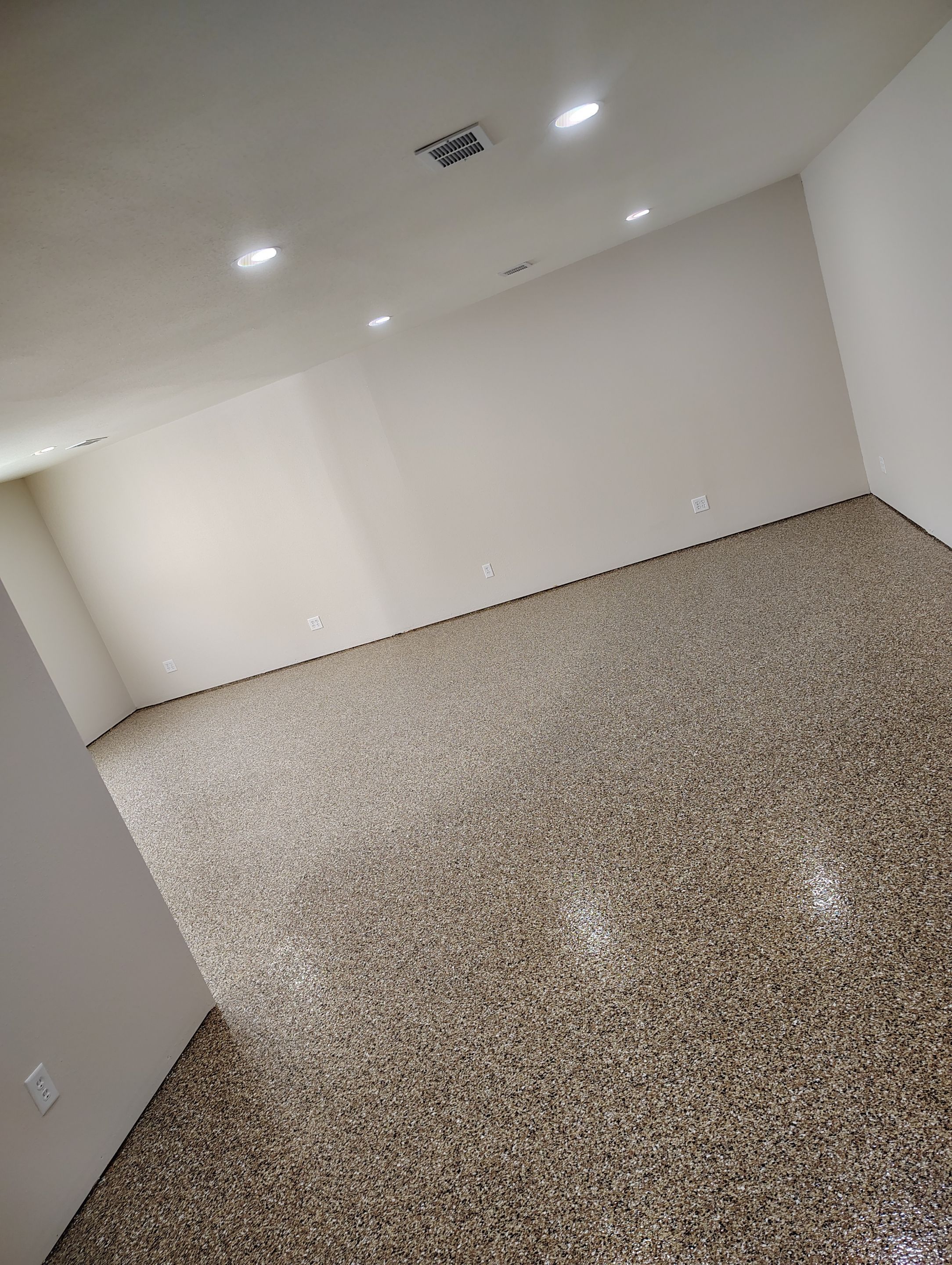 Durable Epoxy Flake Floor Coating for Commercial Workshop by Select Painting, Coatings & Garage Cabinets