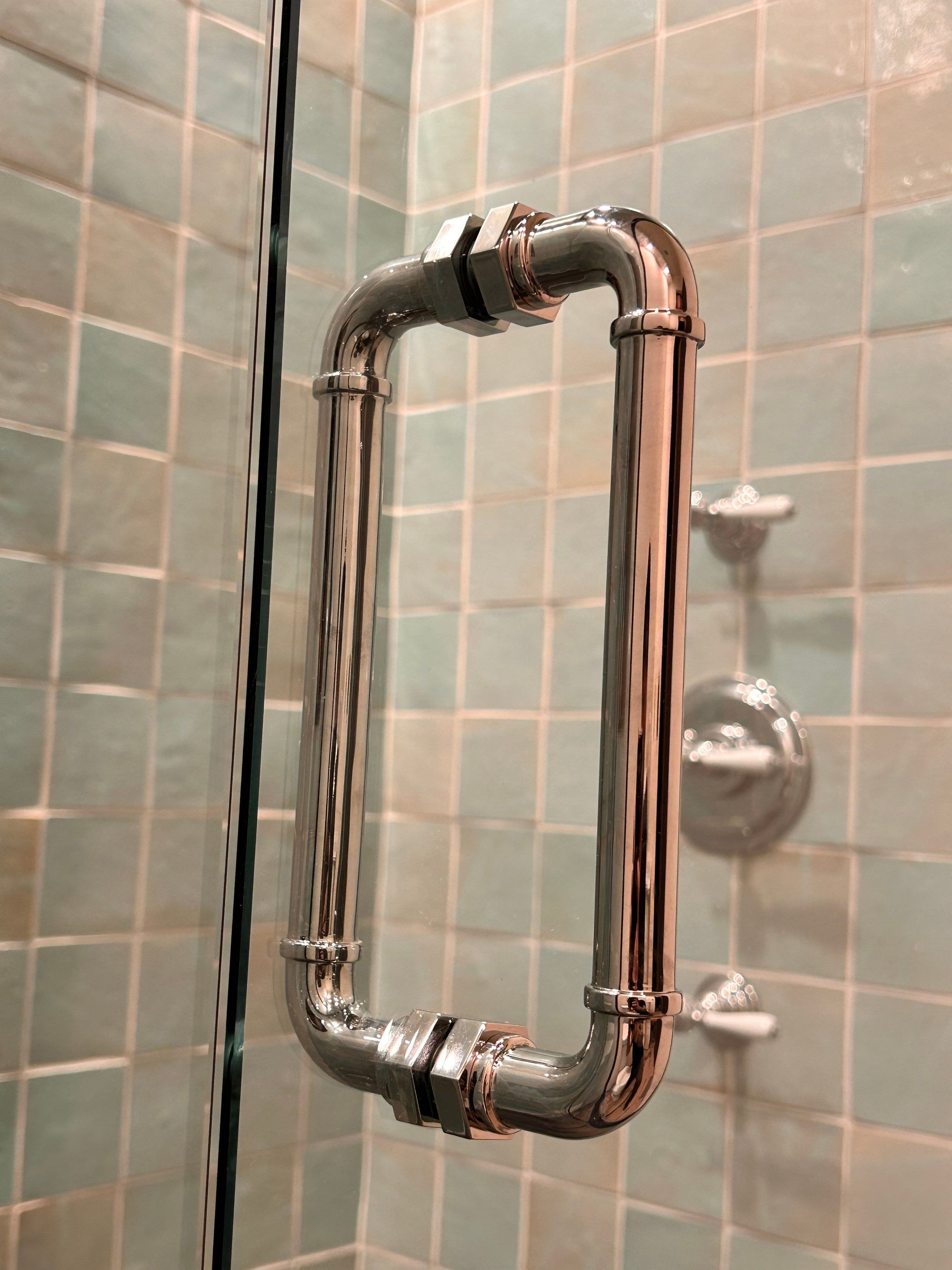 Two Showers using Tempered Shower Glass with Customer Supplied Shower Pulls by Cheshire Glass Company