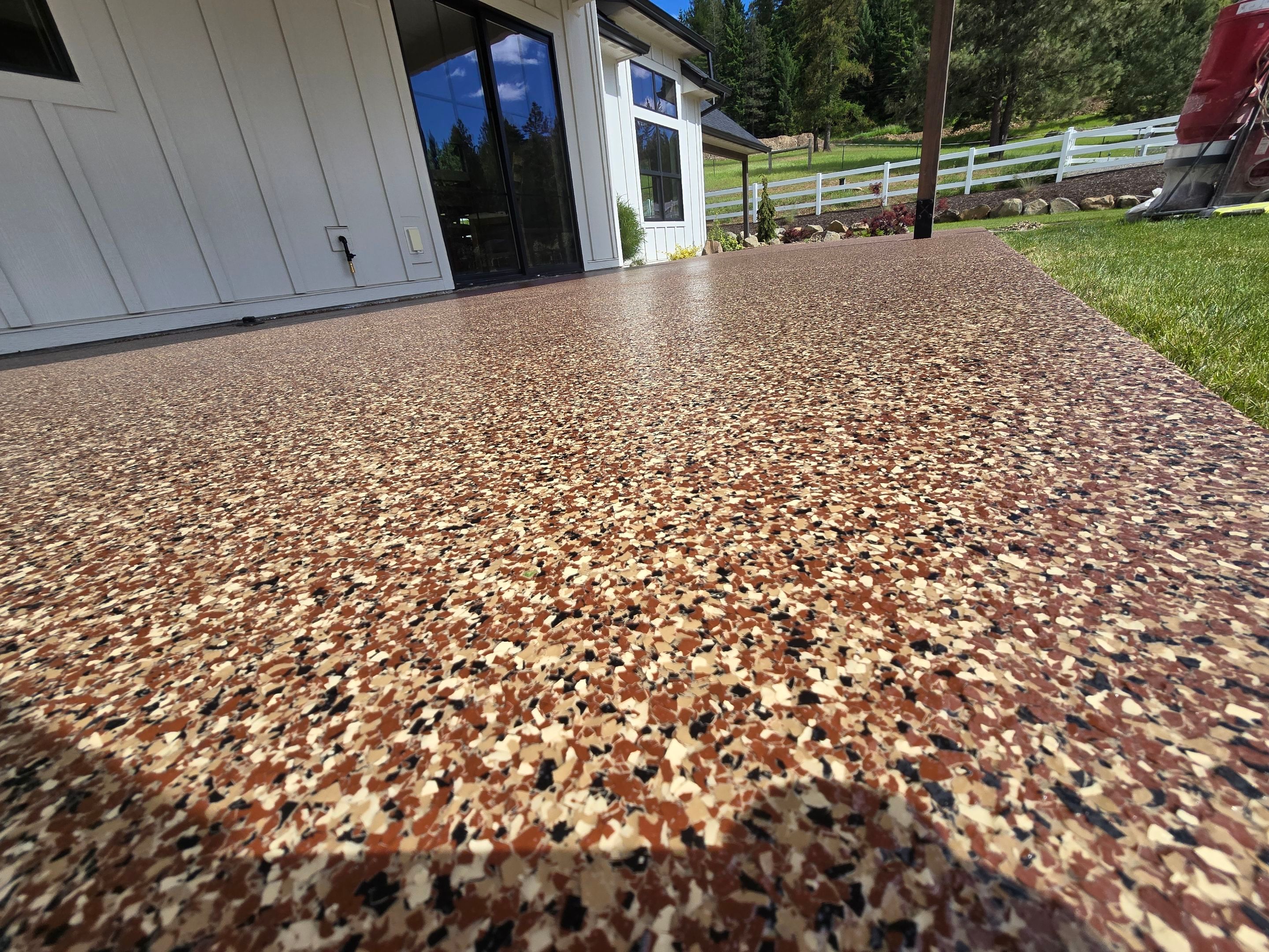 Chestnut Flake Concrete Coating for Farmhouse Patio in Harrison by Croc Coatings, LLC
