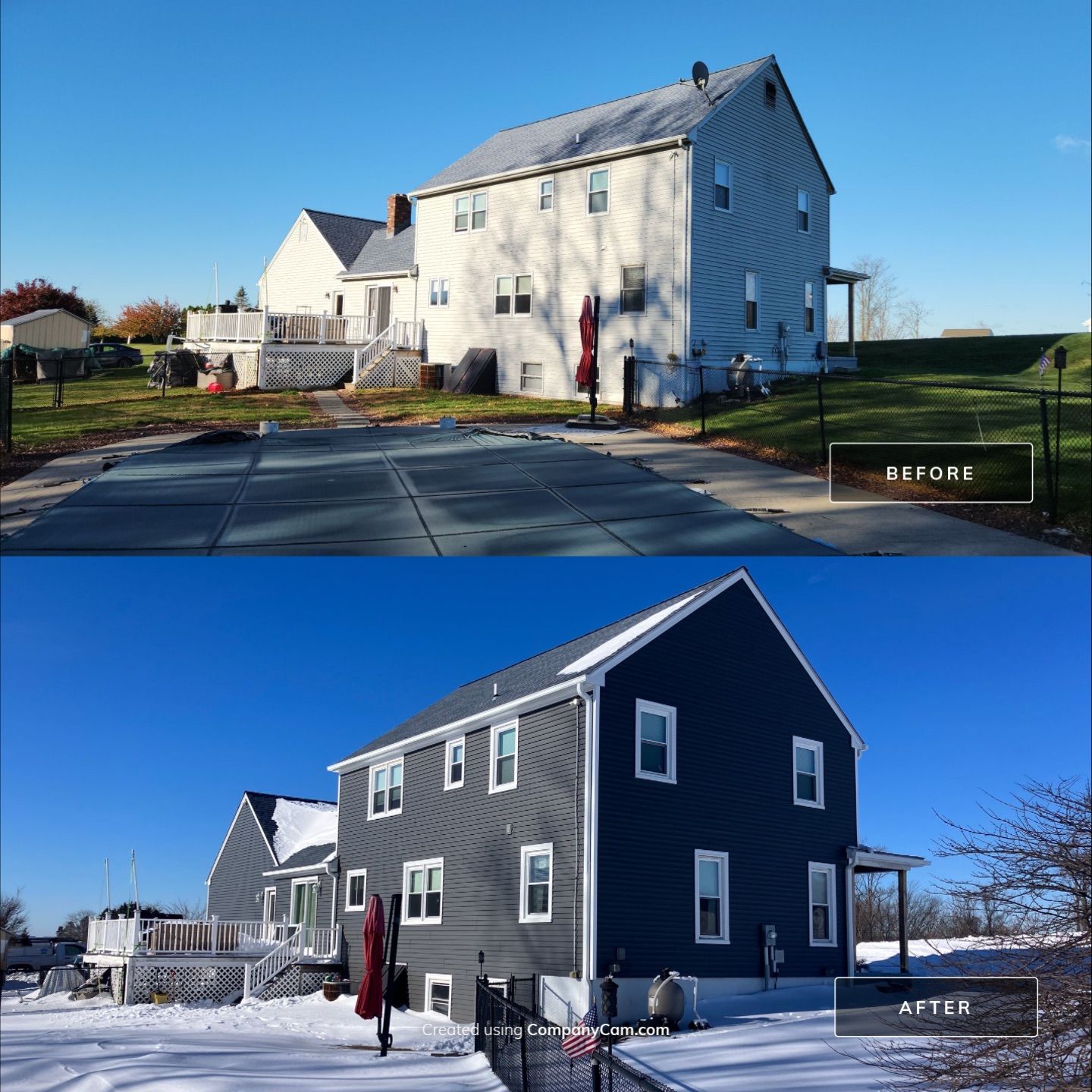 Drastic siding color change with Cert. Monogram D/4 x 12'6" clapboard, Smoky Gray by DiGiorgi Roofing and Siding Inc