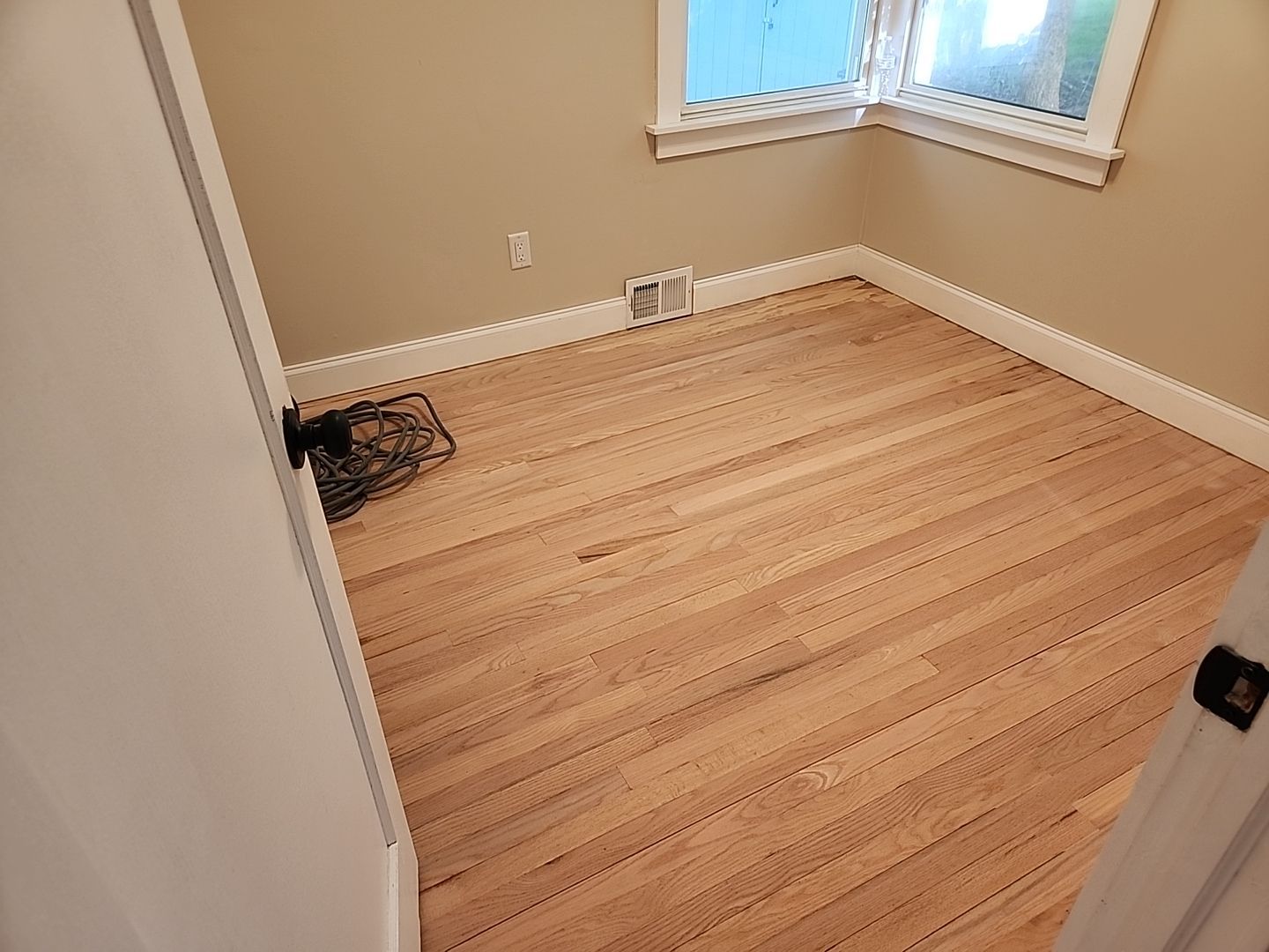 Sand & Refinish Red Oak with Duraseal Jacobean and Bona Mega Satin Finish using Dureaseal Jacobean and Bona Mega by Footprints Floors Morristown