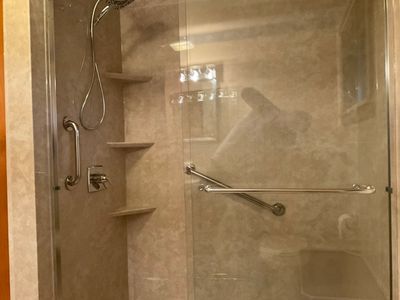 Tub to Shower Conversion: White Travertine