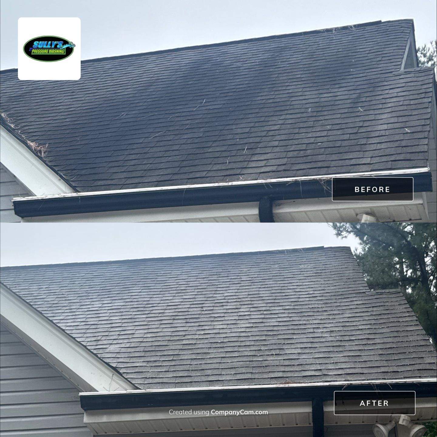 the service shown is roof cleaning using pressure washing to remove dirt and debris from shingles and gutters