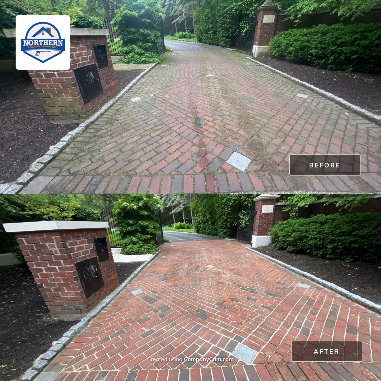 Brick paver clean, sand and seal.  using Algaecide, soft wash soap by Northern Power Washing LLC.