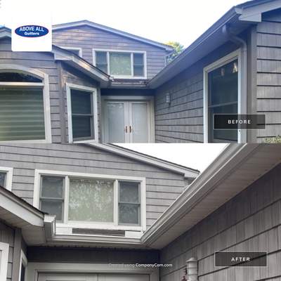 Gutter Installation using 5"white K style seamless gutters and 2x3 white leaders, and Microguard gutter shields installed. 