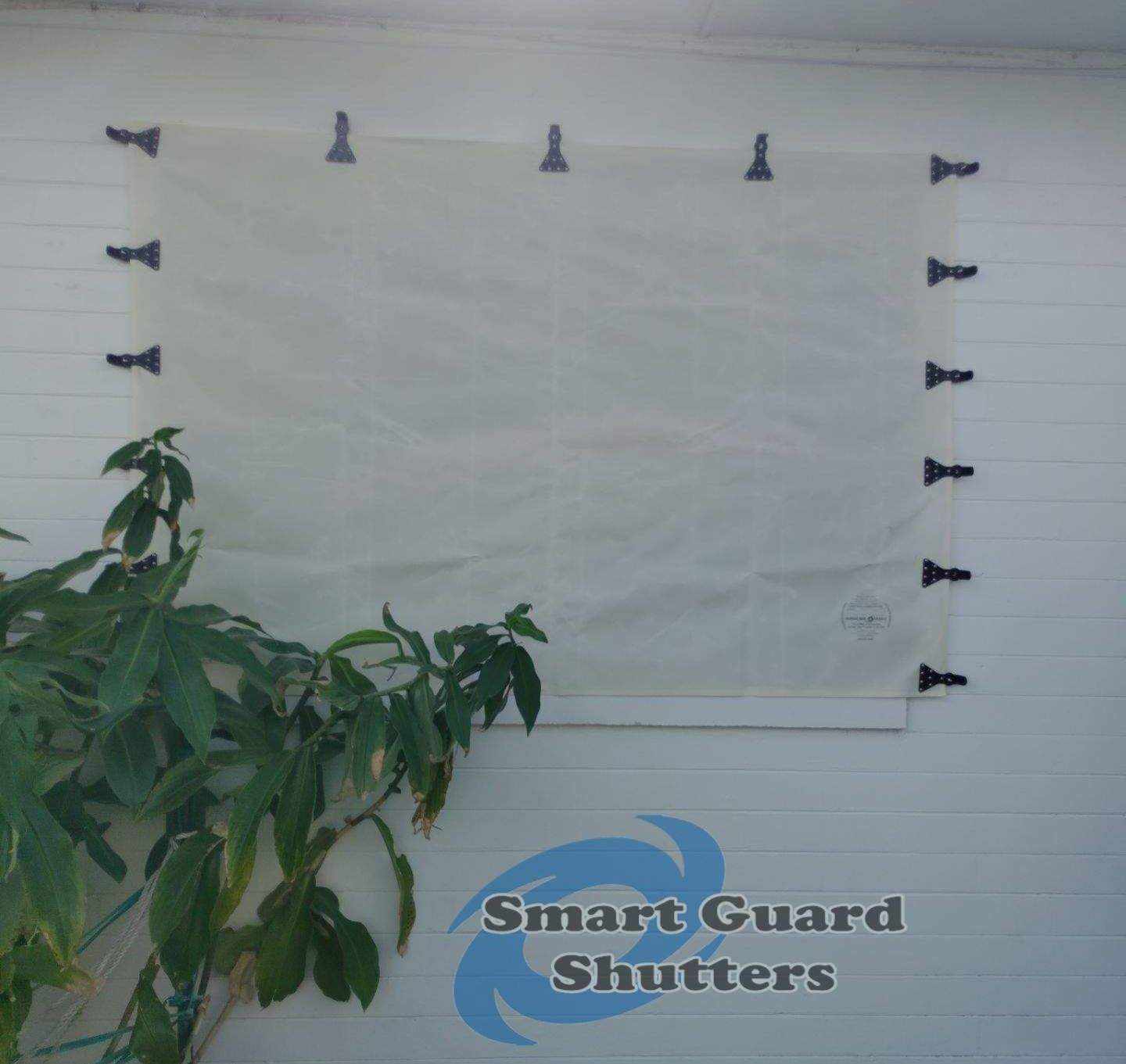 Hurricane Fabric in White / Decorative Bahama in Pastel Turquoise by Smart Guard Shutters