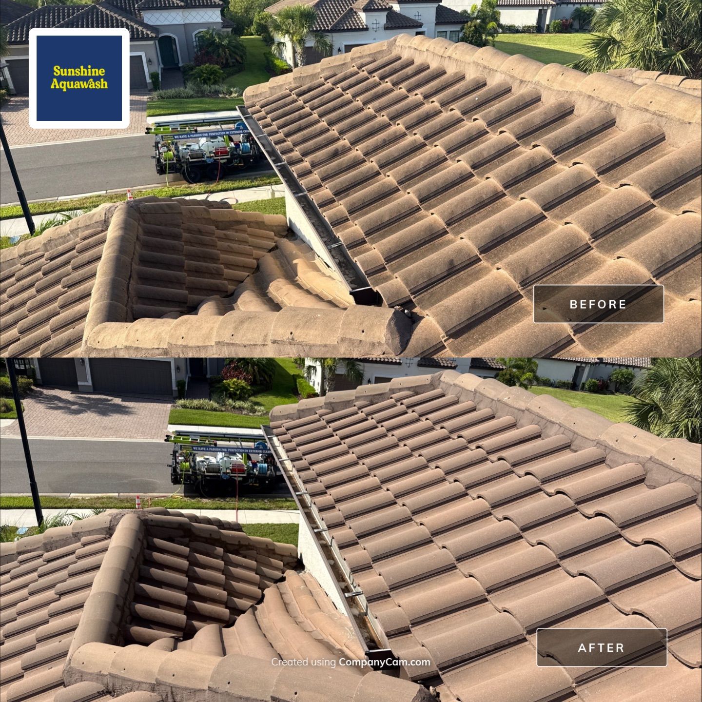 Soft Wash Roof Cleaning – Concrete Tile Roof | Artisan Lakes Esplanade, Palmetto, FL by Sunshine AquaWash