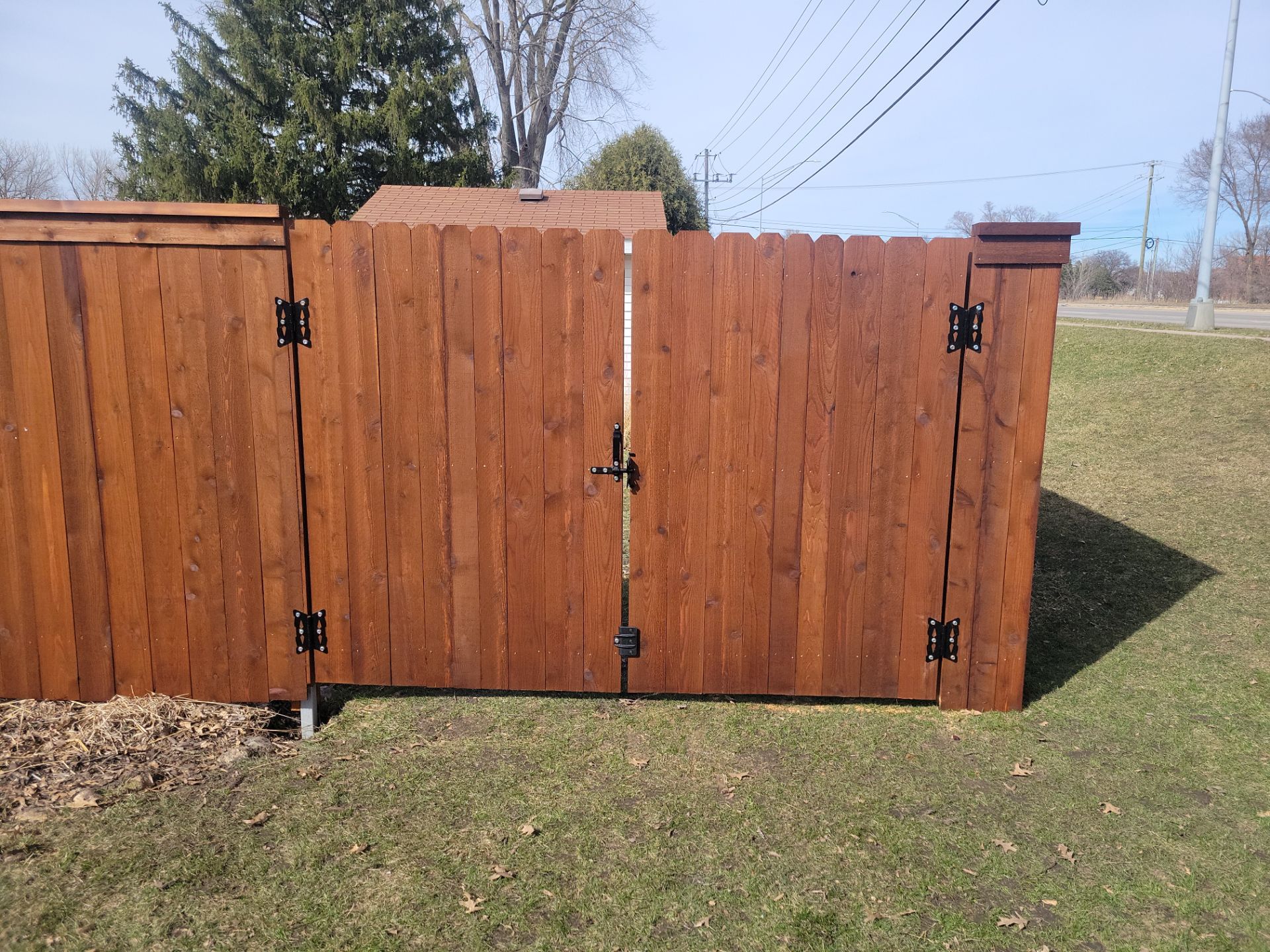 Custom Cedar Wood Privacy Fence with Double Gates and Integrated Planter Mailbox by Perfect Picket Fence and Stain