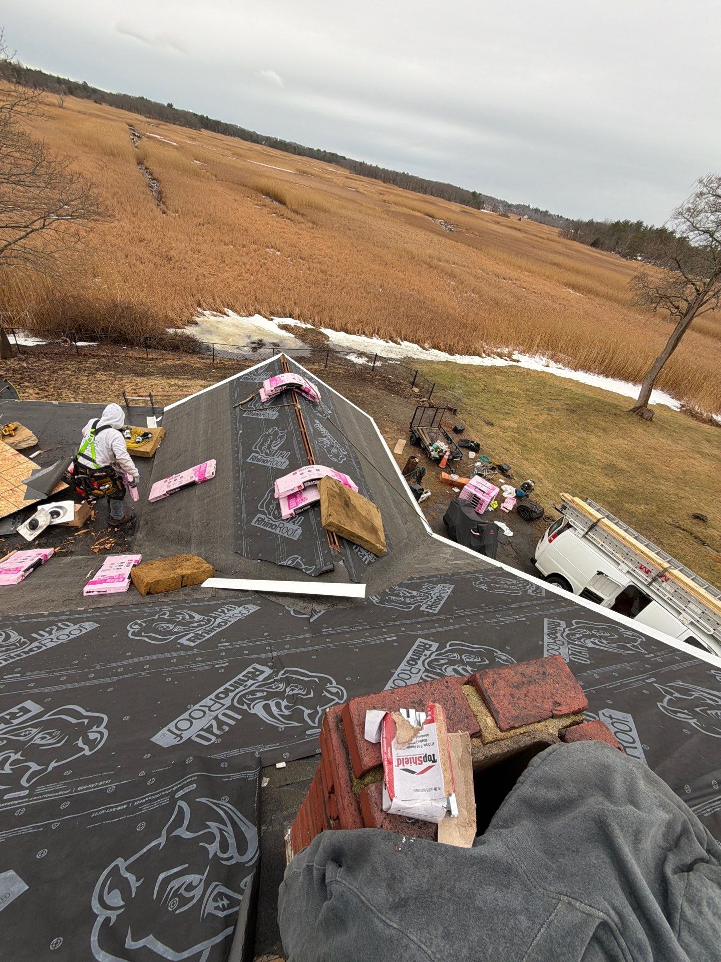 Skylight Removal & Full Roof Replacement in Salisbury, MA – Owens Corning Duration Designer, Midnight Plum by JOHNNYS PRO