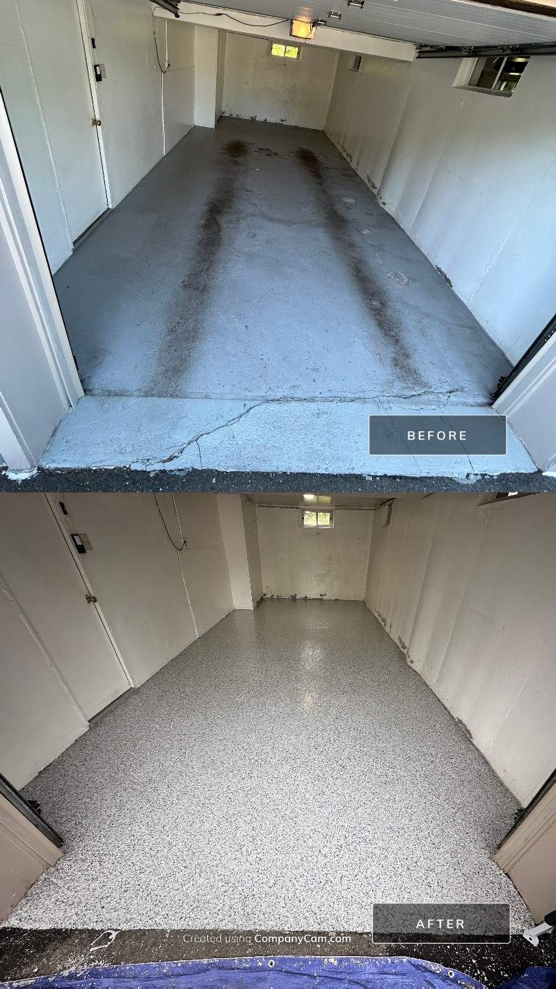 Garage Concrete Floor Coating Transformation  by DiGiorgi Roofing and Siding Inc